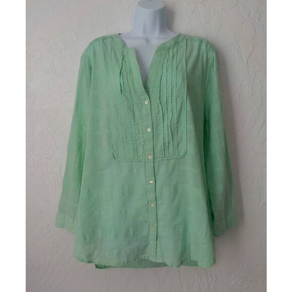 JM Collection Women XL Light Green Tunic Button Up Top Blouse 100% Cotton V-Neck - Picture 1 of 12